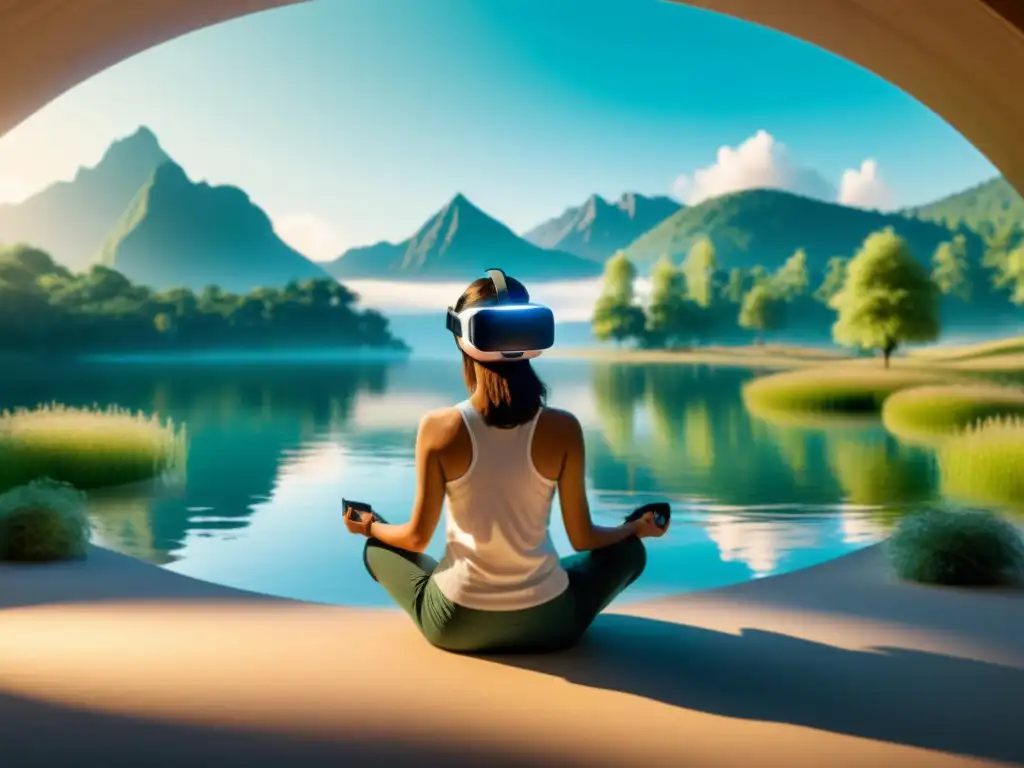 Persona en meditación guiada con realidad virtual para tranquilidad profunda