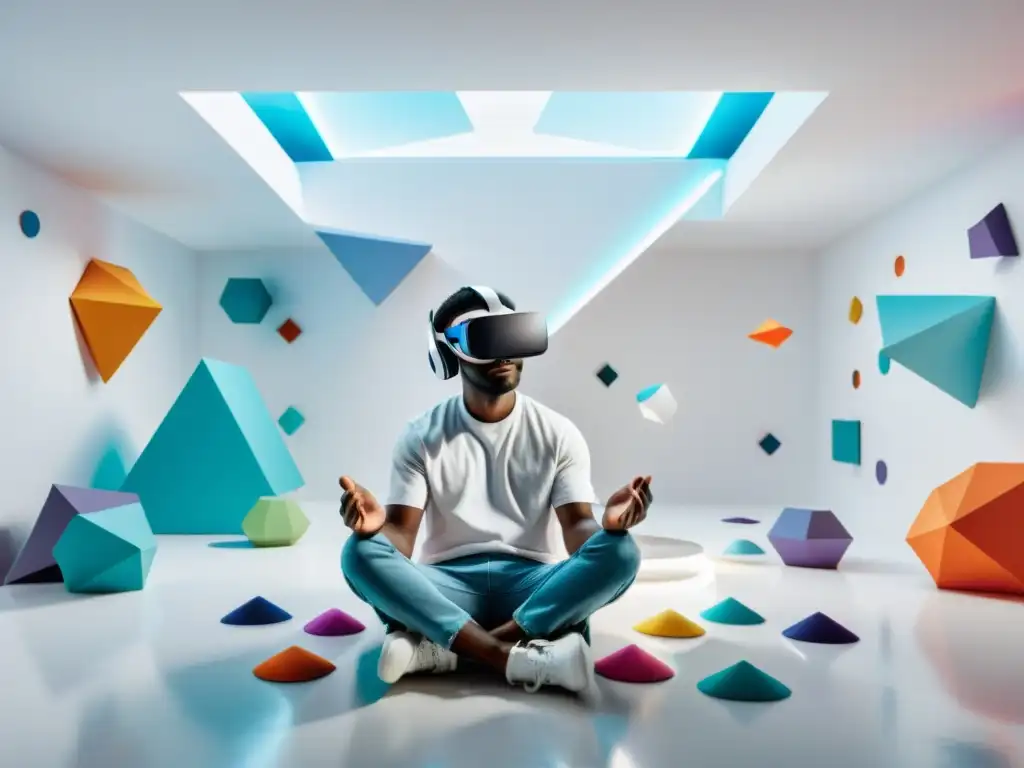 Persona inmersa en aplicación de realidad virtual en diagnóstico, con formas flotantes coloridas en un ambiente sereno y enfocado