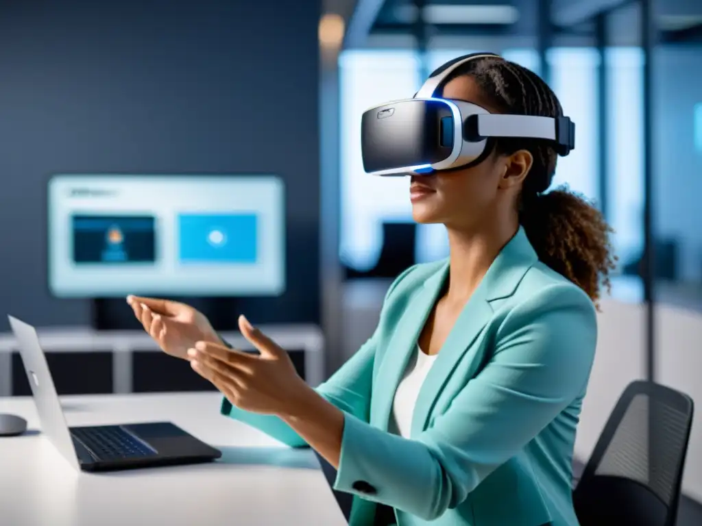 Persona inmersa en capacitación laboral con Realidad Virtual, ambiente de oficina moderno y simulaciones realistas