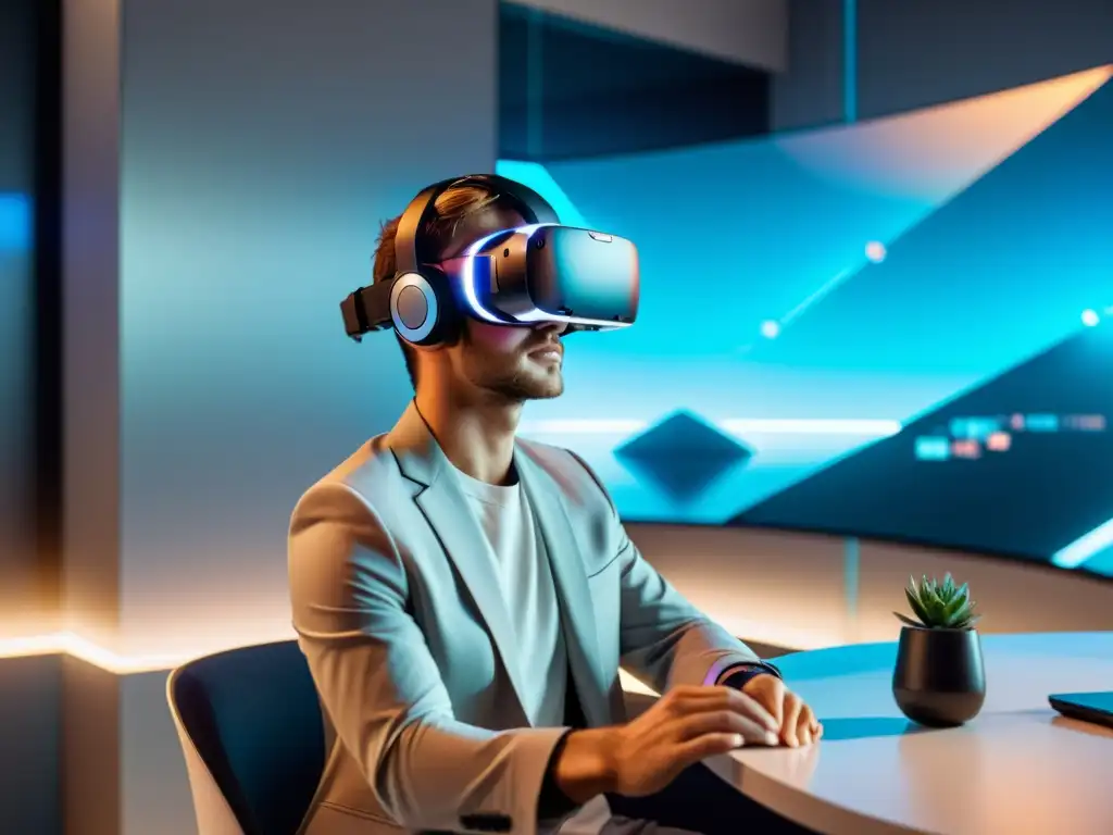 Persona inmersa en entorno de realidad virtual, en oficina moderna con elementos futuristas