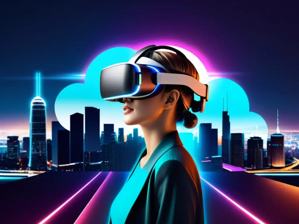 Persona inmersa en realidad virtual y streaming 5G, rodeada de datos y símbolos futuristas, con una ciudad futurista de fondo