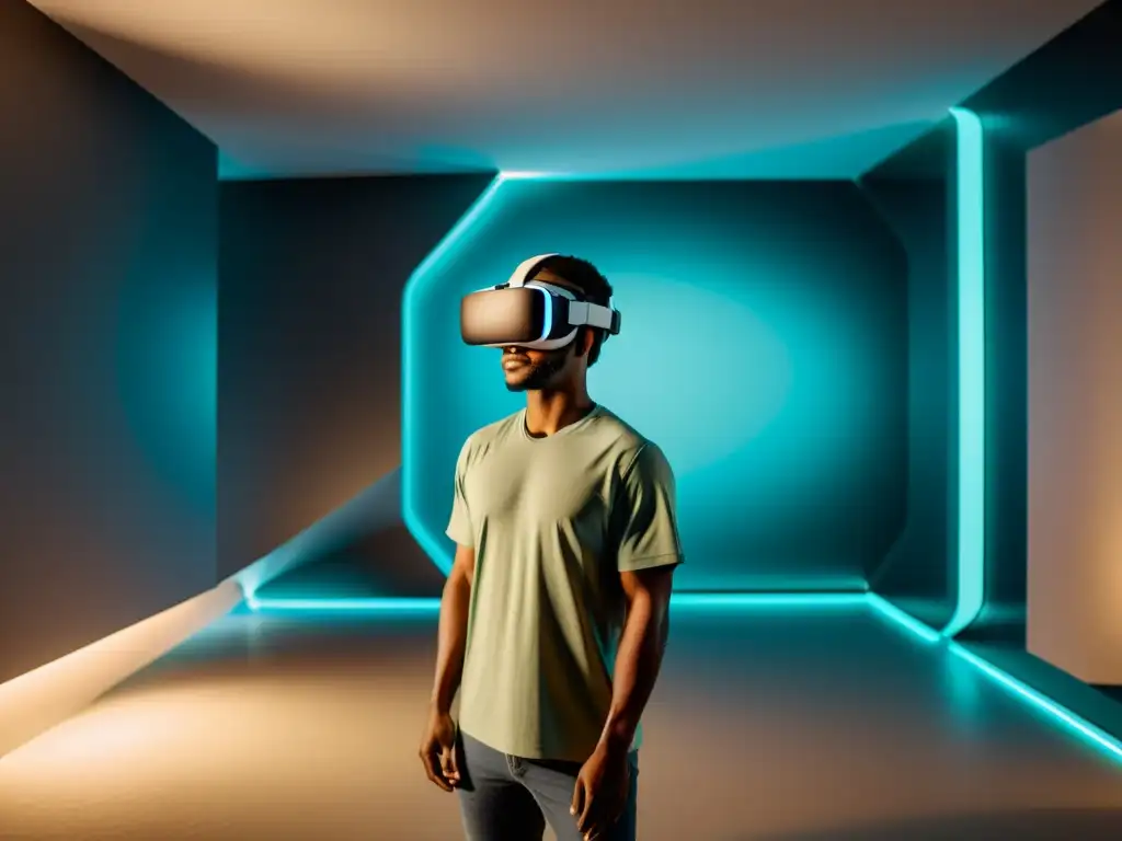 Persona inmersa en la realidad virtual en un ambiente futurista minimalista, transmitiendo calma y concentración