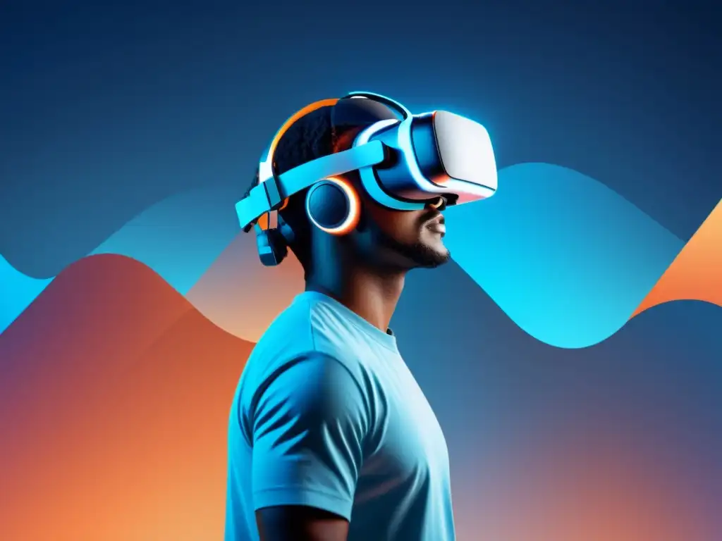 Persona inmersa en la tecnología VR, rodeada de pantallas futuristas, reflejando la mente del consumidor tech