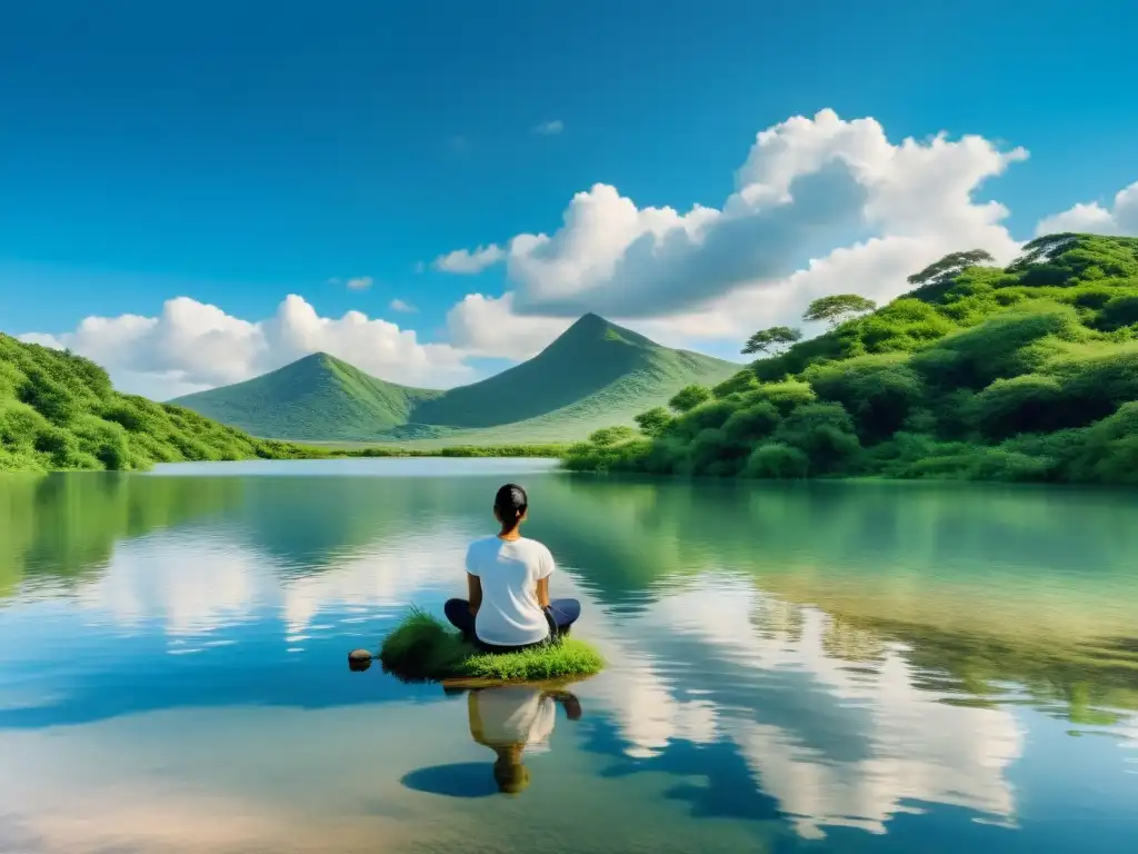 Persona en meditación junto al lago, rodeada de naturaleza exuberante, reflejos en el agua