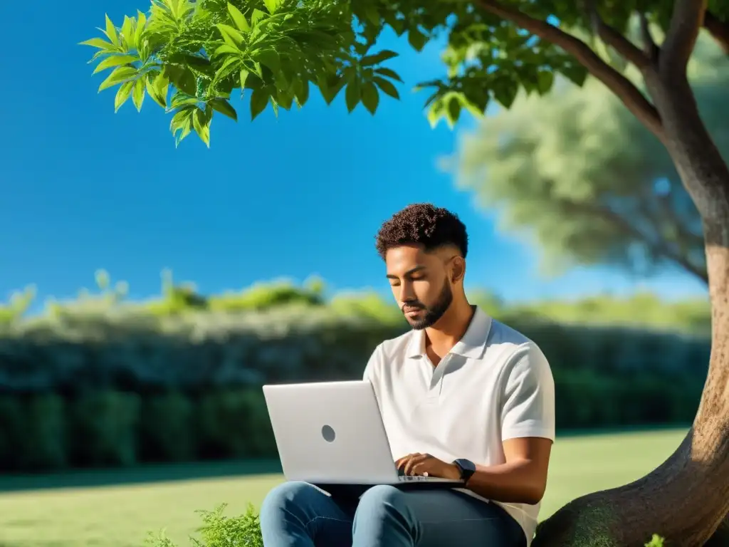 Persona usando laptop en entorno natural, transmitiendo privacidad y tranquilidad