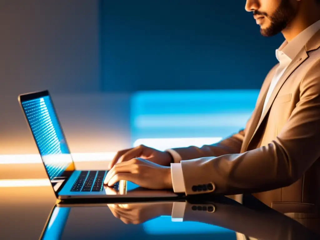 Persona trabajando en laptop con reflejo de candado digital, simbolizando privacidad y seguridad