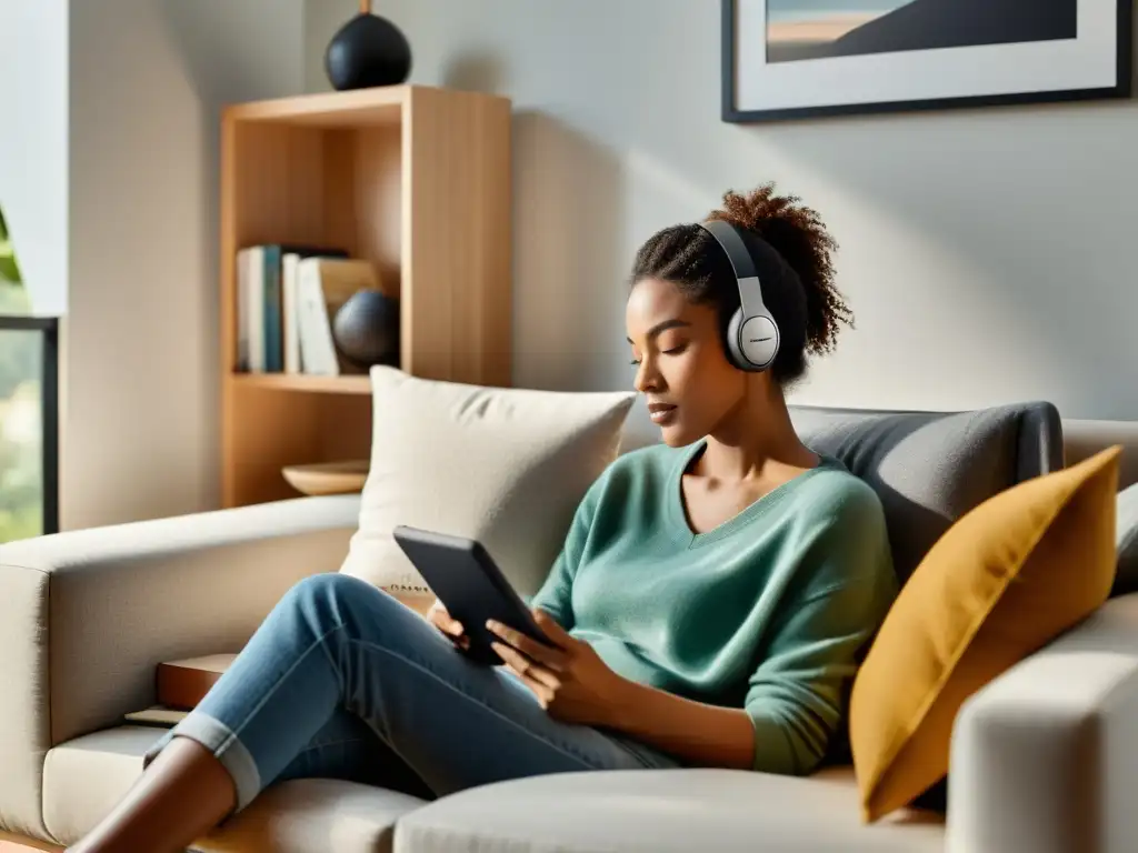 Persona leyendo un libro electrónico y escuchando un audiolibro en un moderno salón, demostrando el impacto 5G en libros electrónicos