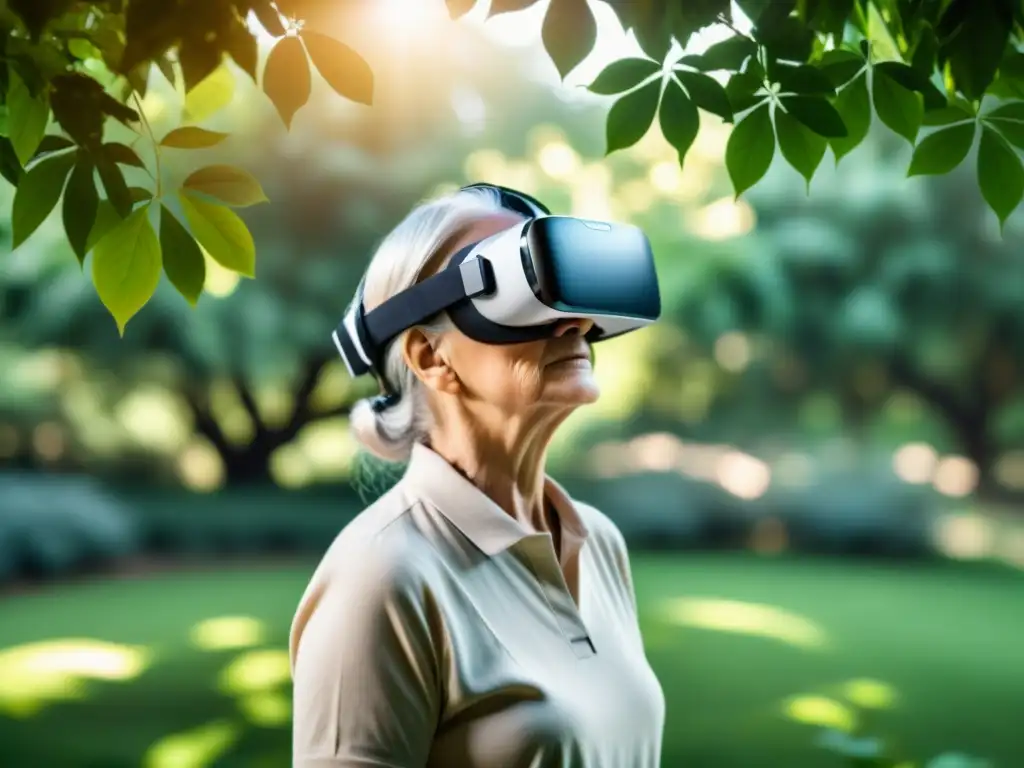 Persona mayor en jardín virtual, experimentando prevención del deterioro cognitivo con realidad virtual