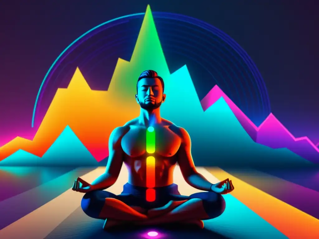 Persona meditando en medio del caos de gráficos de criptomonedas, transmitiendo calma y enfoque