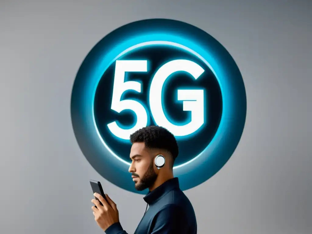 Persona moderna usando smartphone con icono 5G, reflejando integración del 5G en la vida diaria