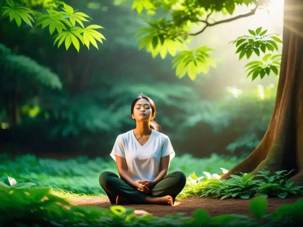 Persona meditando en la naturaleza, transmitiendo serenidad y armonía