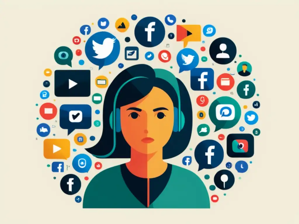 Violación de privacidad en redes: ilustración minimalista impactante Persona preocupada rodeada de íconos de redes sociales, simbolizando preocupaciones sobre los derechos de privacidad digital de usuarios