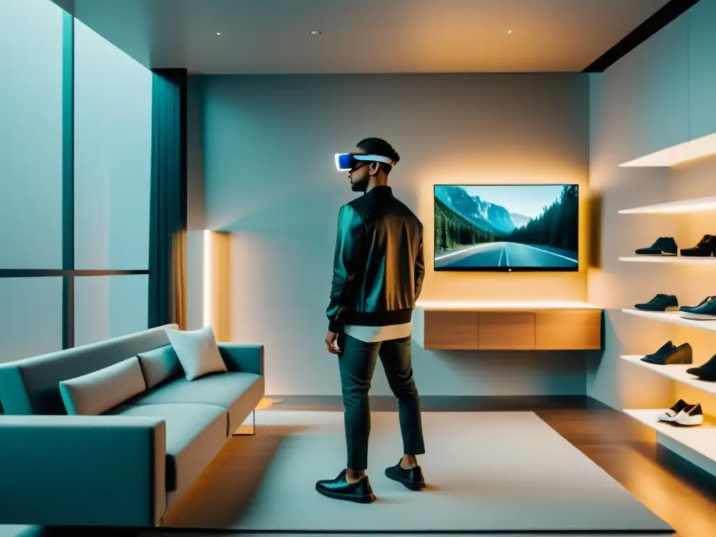 Realidad aumentada: Moda futurista en escenario minimalista Persona probándose ropa virtual con gafas de realidad aumentada en un ambiente futurista de tecnología y moda