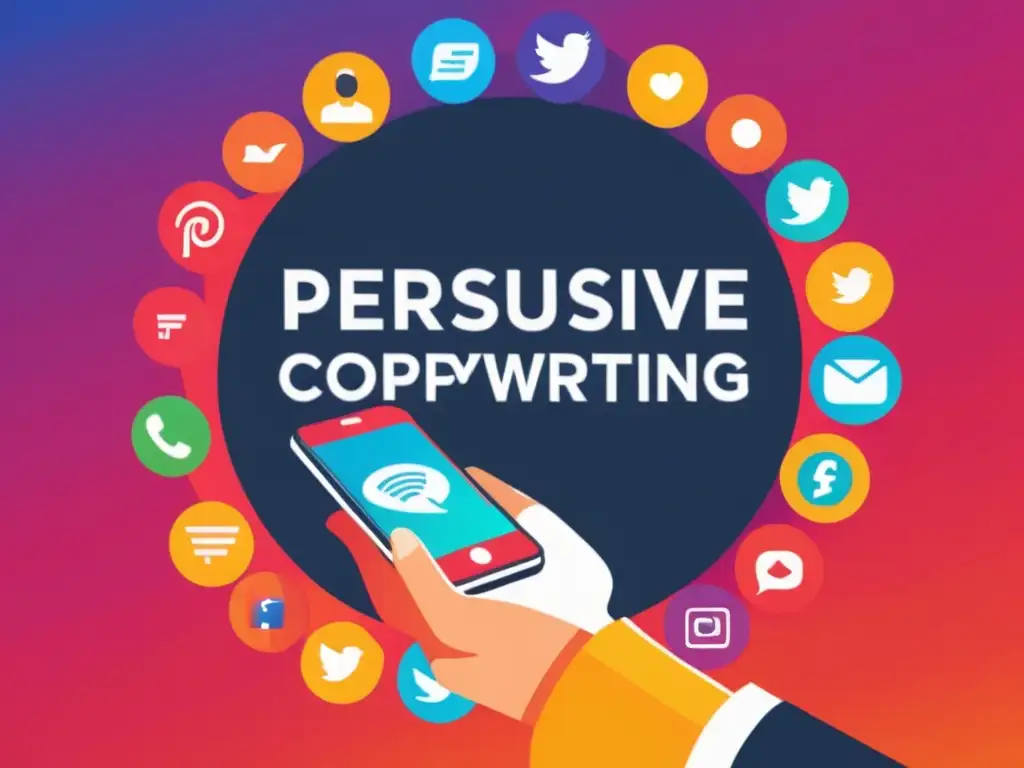 Persona profesional enfocada mostrando técnicas de copywriting persuasivo en redes sociales, con íconos vibrantes de redes sociales en segundo plano