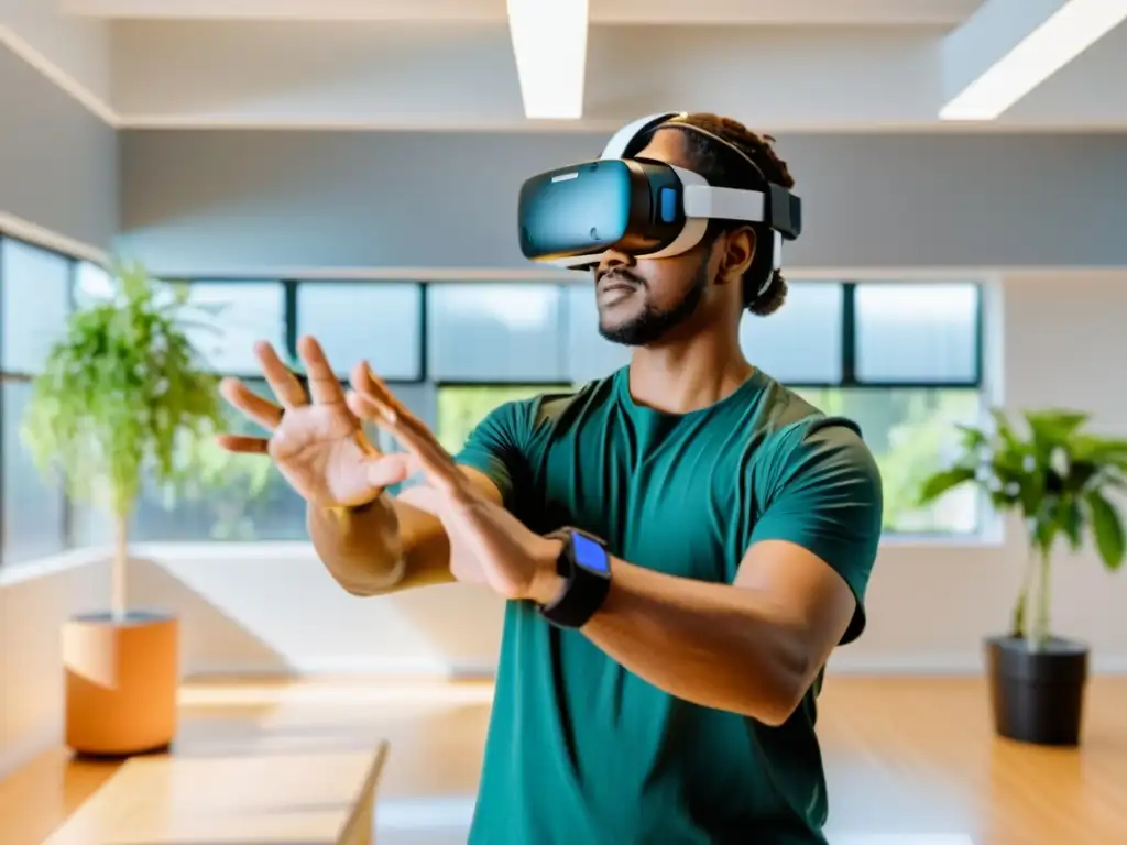 Persona usando realidad virtual en centro de rehabilitación moderno, enfocada en la neuroplasticidad y recuperación tras ACV