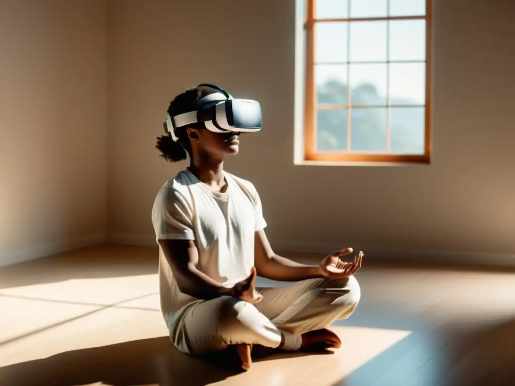 Persona en Realidad Virtual para meditación guiada, en ambiente tranquilo y minimalista, con suave luz solar