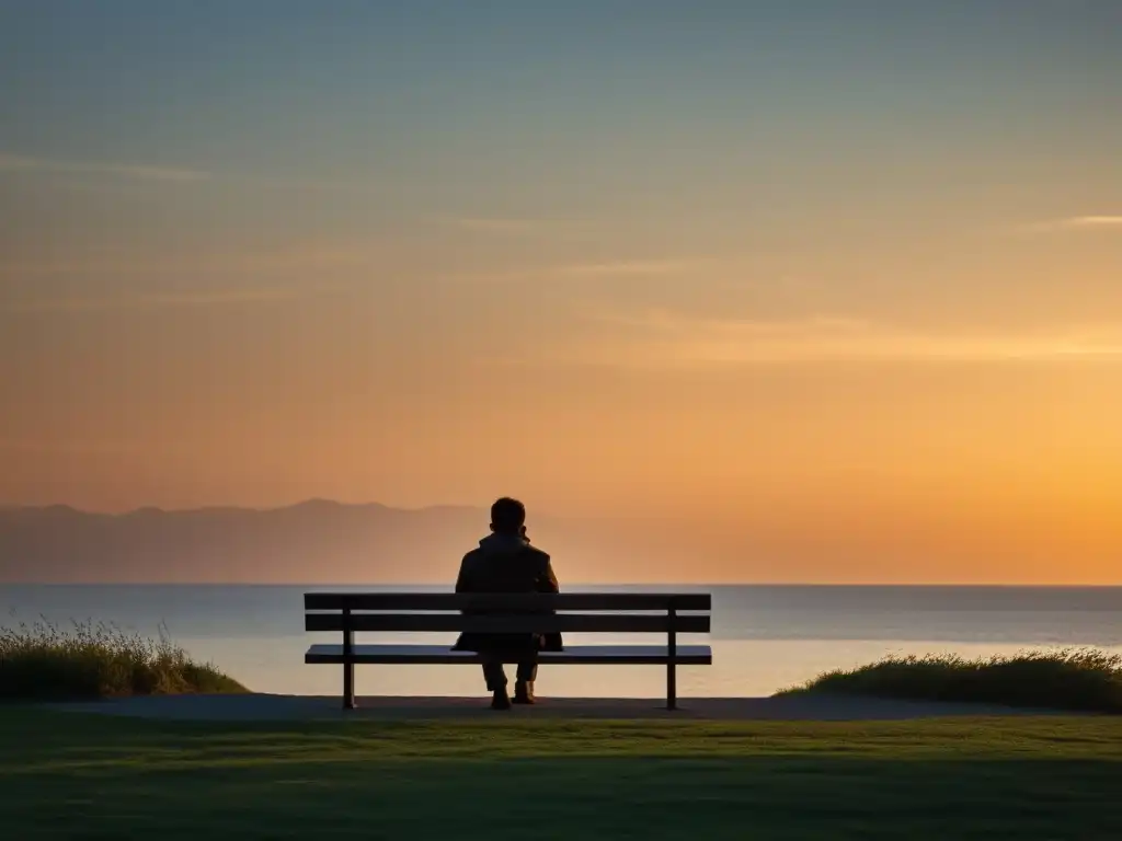 Persona reflexiva en un banco al atardecer, transmite calma y esperanza en el análisis de datos para salud mental