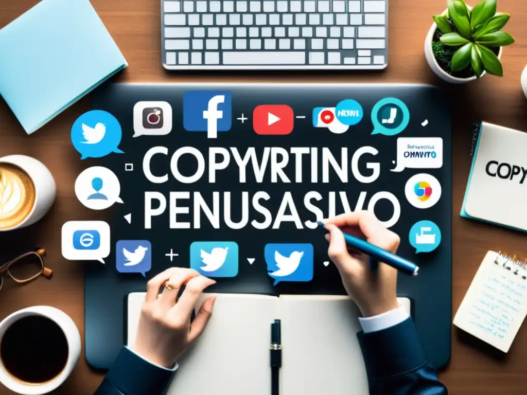 Persona reflexiva en escritorio con técnicas copywriting persuasivo en redes sociales