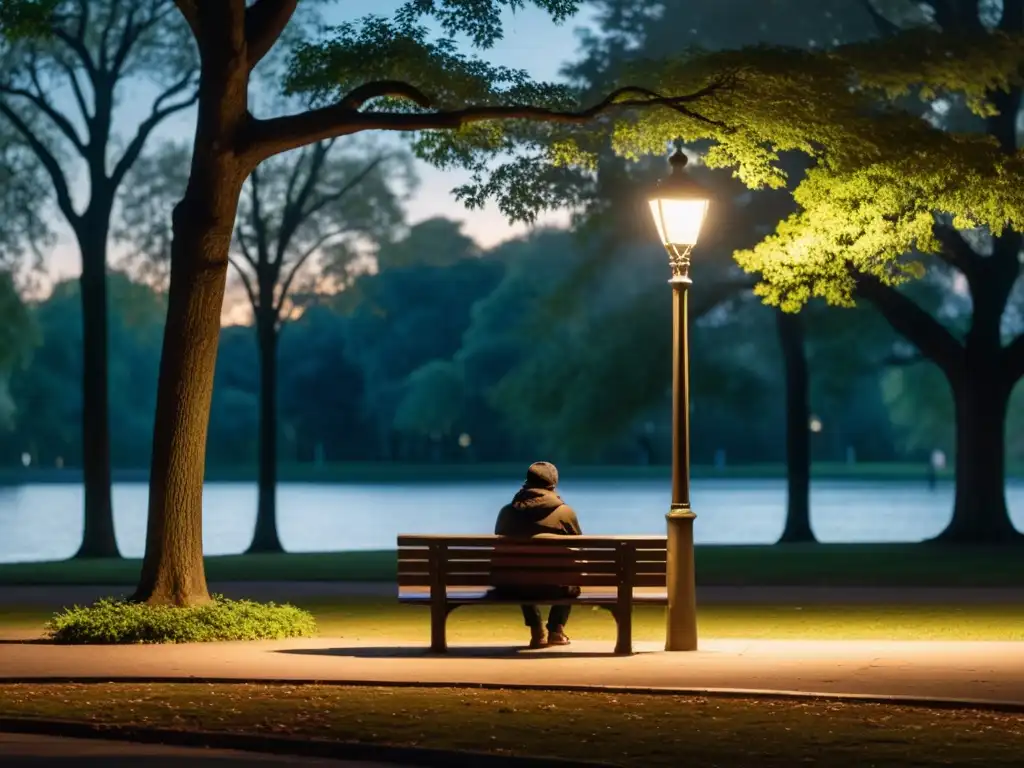 Una persona reflexiva en un parque solitario, iluminado por tenues farolas