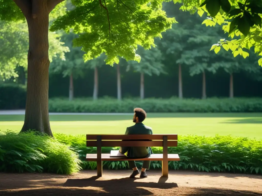 Persona reflexiva en un parque tranquilo, rodeada de árboles verdes, sosteniendo un cuaderno y bolígrafo