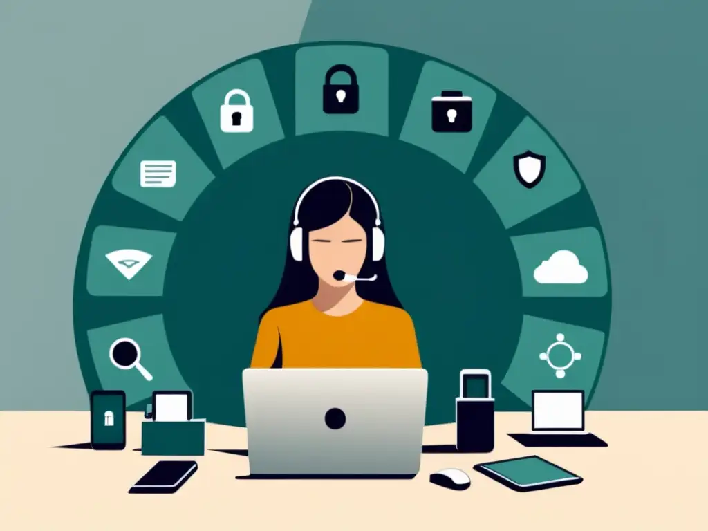Empoderamiento digital: protección de la privacidad en la era digital Persona rodeada de dispositivos digitales con cerraduras y escudos de privacidad, exudando control sobre sus derechos de privacidad digital