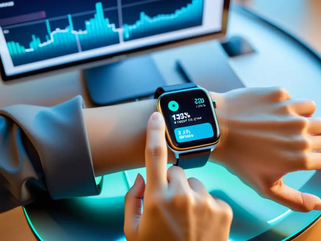 Persona con smartwatch en entorno digital futurista: Marketing Digital con Wearables