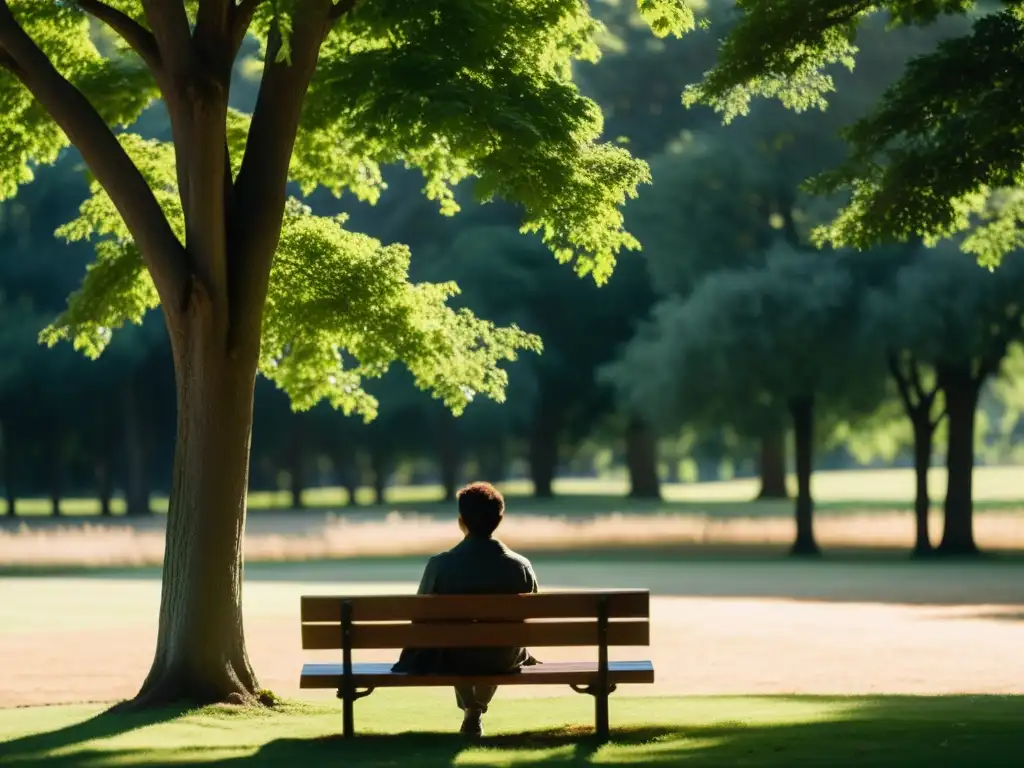 Una persona solitaria reflexiona en un tranquilo parque, con luz suave y sombras largas