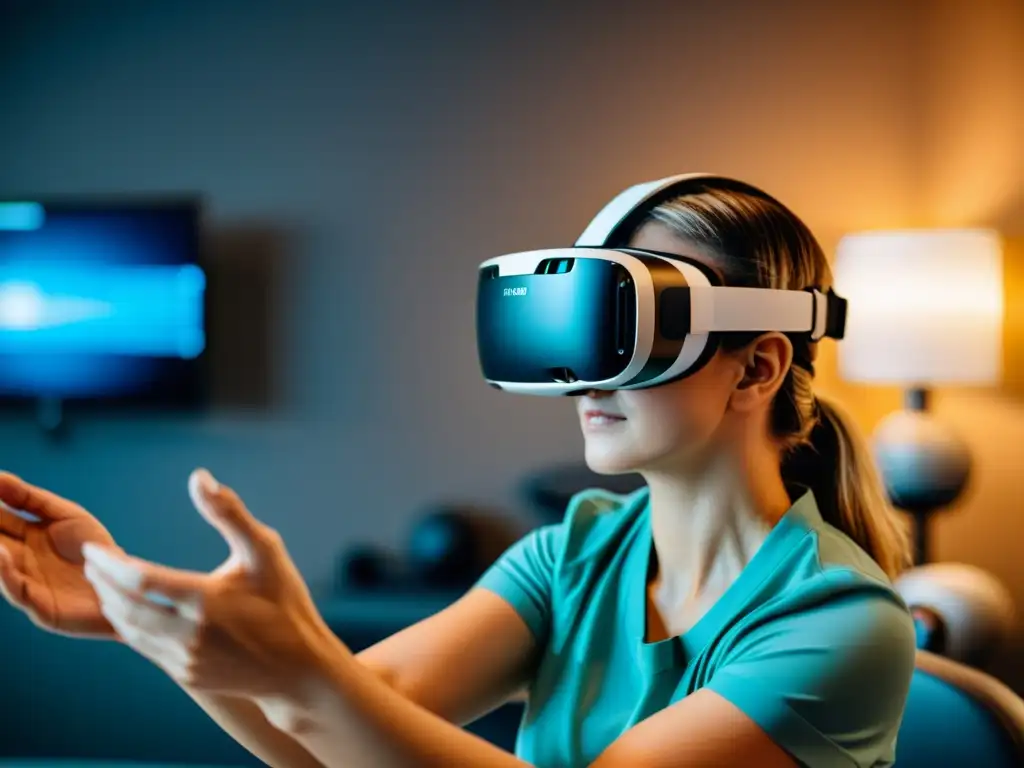 Persona en terapia física usando realidad virtual, con profesional de la salud