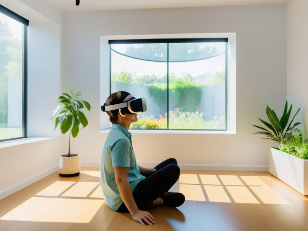 Persona en terapia ocupacional con realidad virtual, disfrutando de un jardín sereno y actividades terapéuticas en un entorno virtual