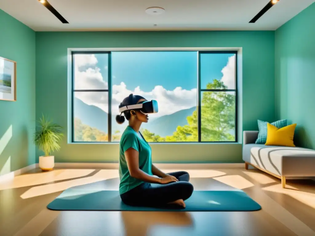 Persona haciendo terapia ocupacional con realidad virtual en una habitación minimalista con luz natural y equipamiento terapéutico moderno