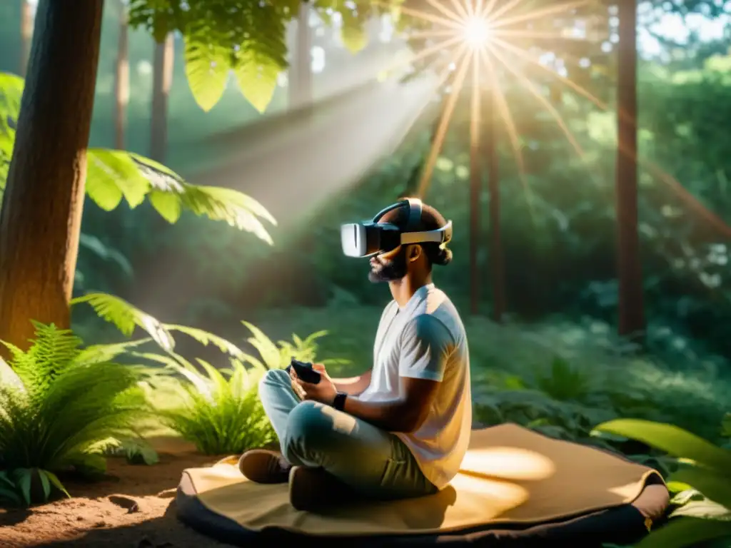 Persona en terapia de realidad virtual TEPT disfruta de entorno natural tranquilo y relajante