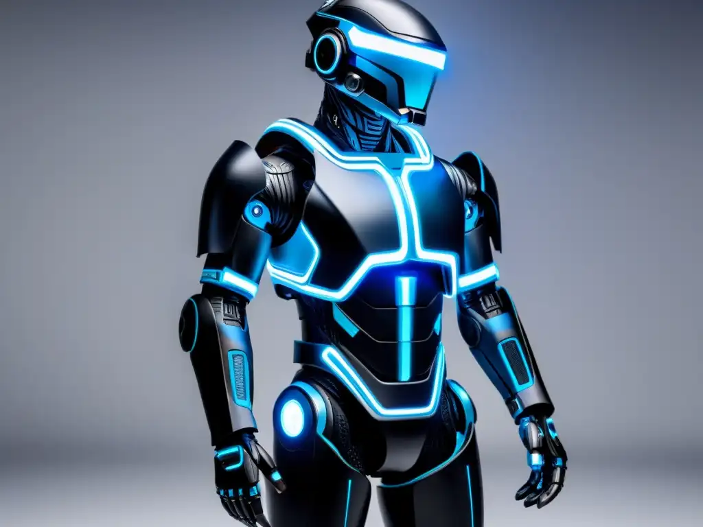 Persona usando traje de robot futurista negro con detalles azules brillantes, destacando tecnología avanzada para terapia física musculoesquelética