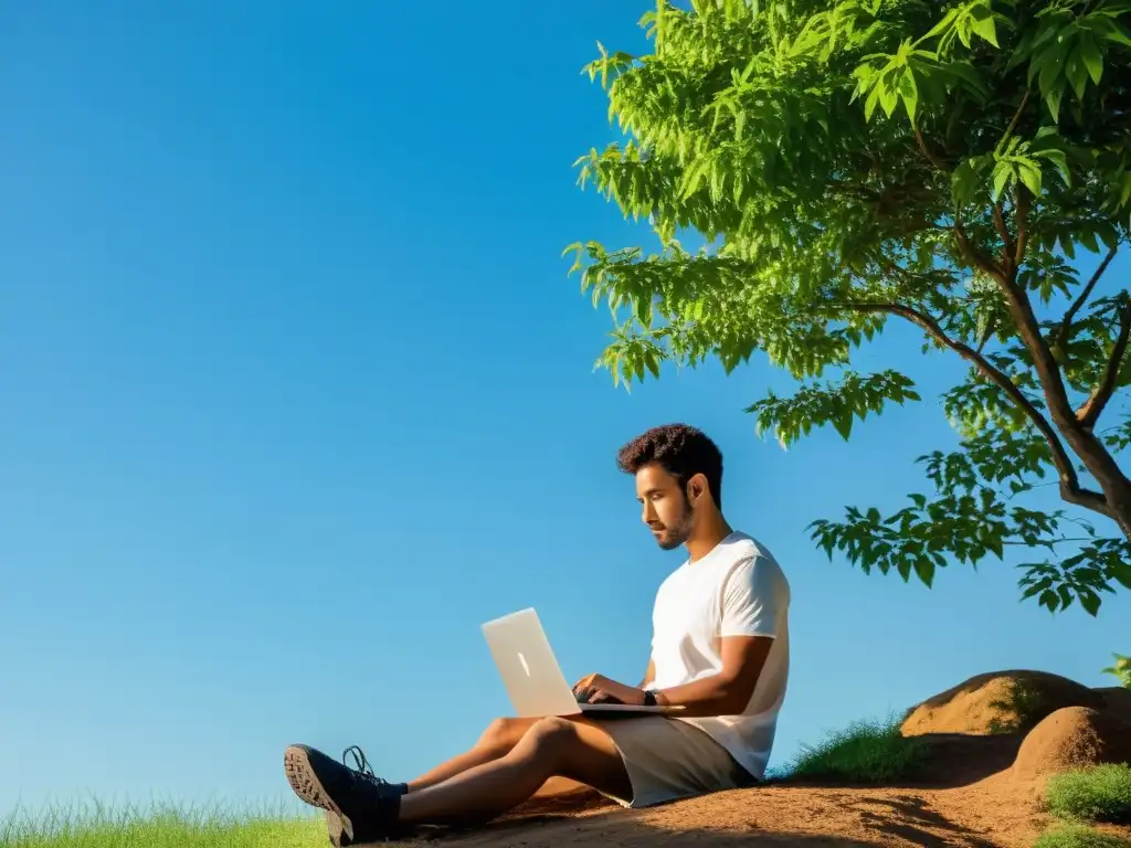 Persona disfrutando de una tranquila sesión en la computadora portátil en un entorno natural, transmitiendo seguridad y paz