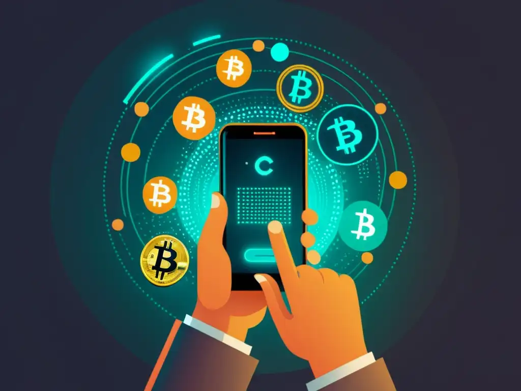 Transacción de criptomonedas: ilustración minimalista Persona realizando transacción de criptomonedas en smartphone, con símbolos digitales flotando