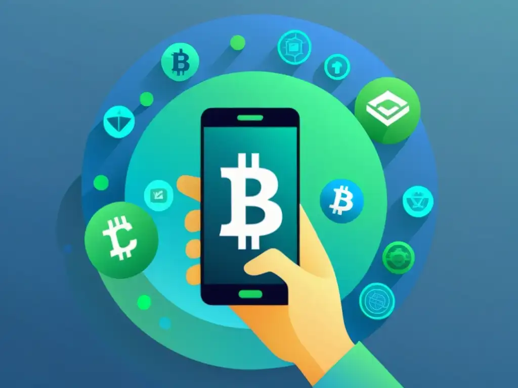 Transacción de criptomonedas: Conexión digital y modernidad Persona realiza transacción de criptomonedas en smartphone, rodeada de símbolos digitales