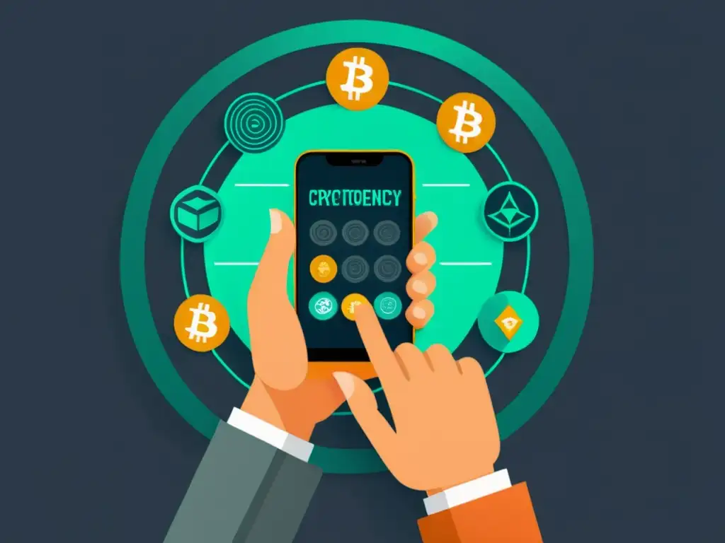 Transacción de criptomonedas: ilustración minimalista Persona realizando transacción de criptomonedas en smartphone, rodeada de símbolos digitales