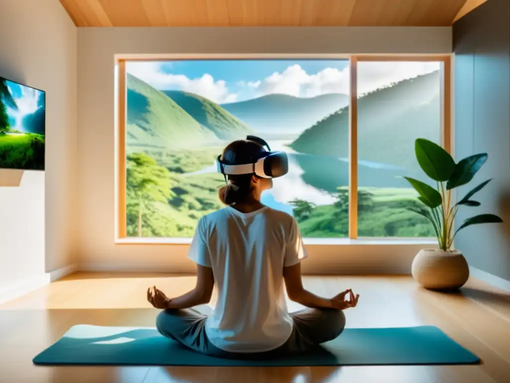 Una persona usa un visor de realidad virtual en una habitación tranquila, con paisajes naturales