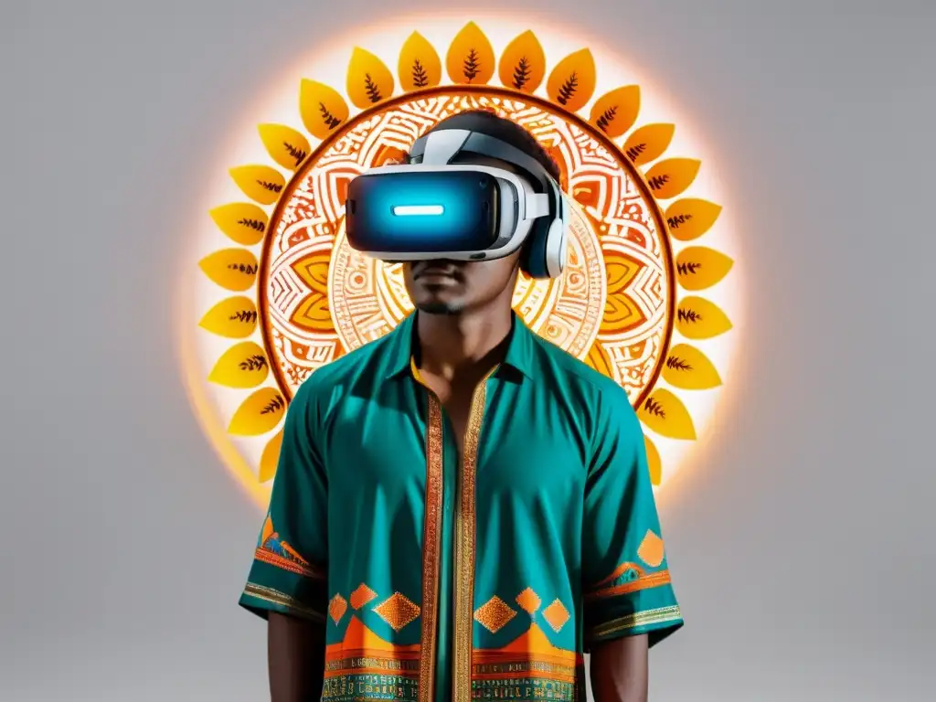 Persona con visor de realidad virtual rodeada por representaciones digitales de tradiciones culturales