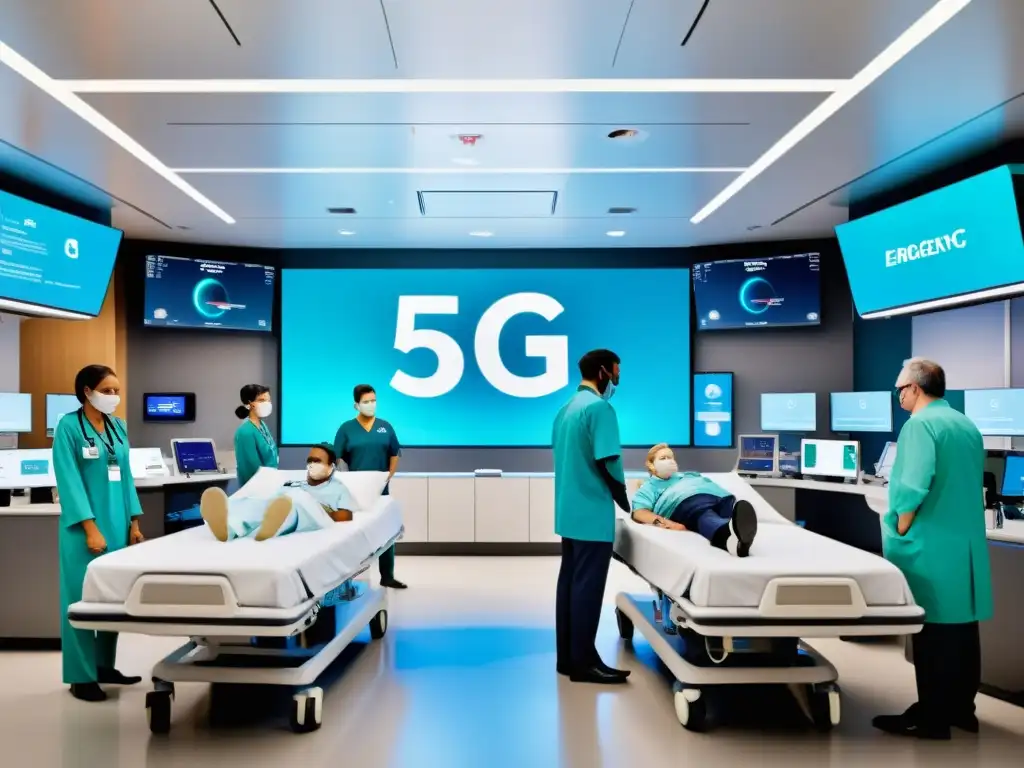 Personal médico atendiendo pacientes en una sala de emergencias hospitalaria con tecnología 5G para respuestas rápidas emergencias sanitarias