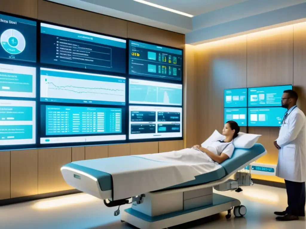 Personal de salud utilizando tecnología avanzada en una sala hospitalaria futurista, con pantallas de análisis de datos en tiempo real