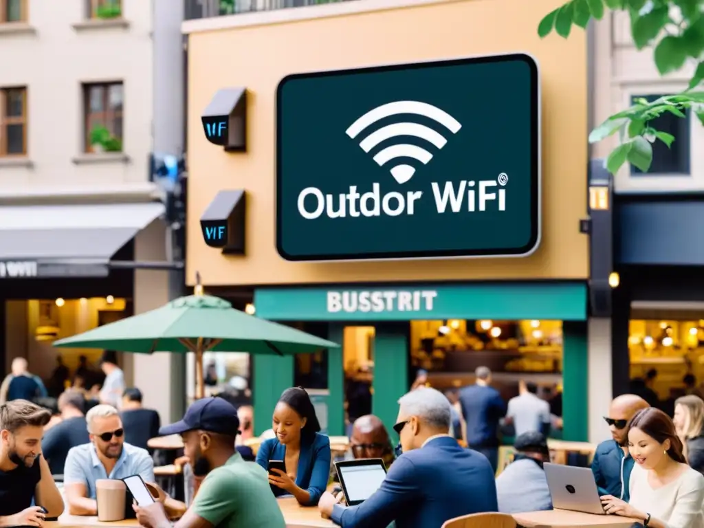 Personas en cafeterías al aire libre usando dispositivos electrónicos, resalta la vulnerabilidad de la WiFi pública