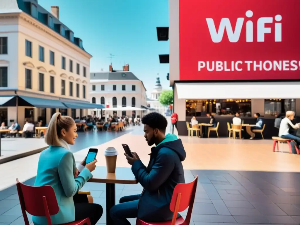 Personas en café de ciudad usando smartphones, señal de WiFi público