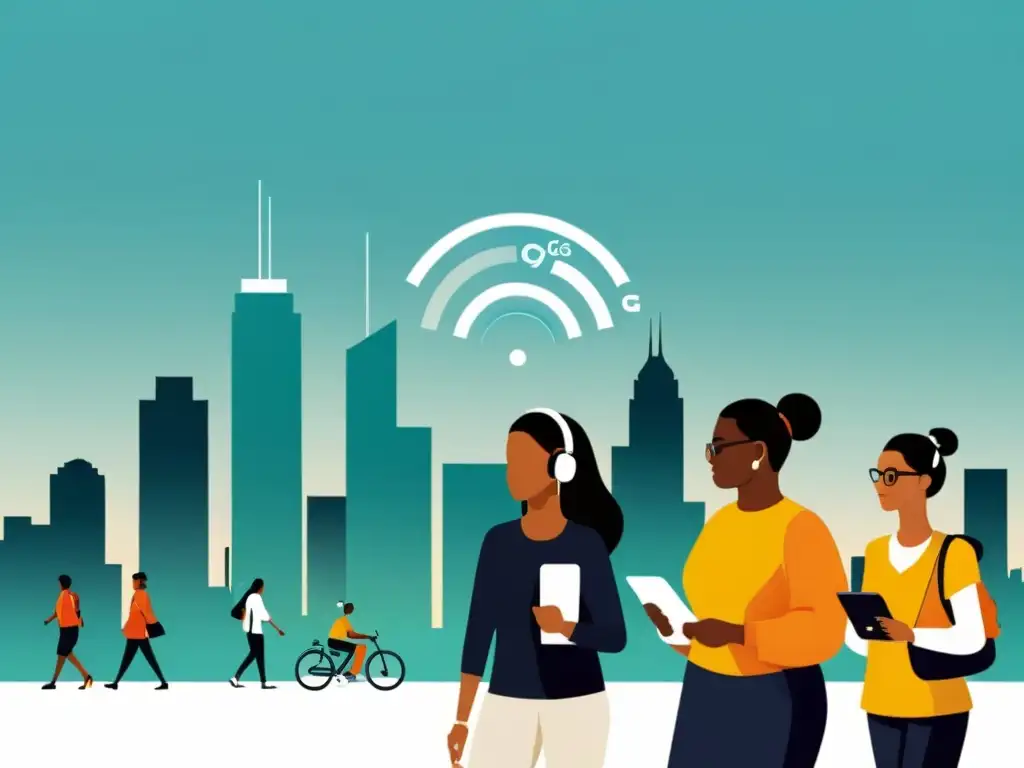 Personas diversas usan dispositivos 5G en la ciudad, mostrando acceso equitativo