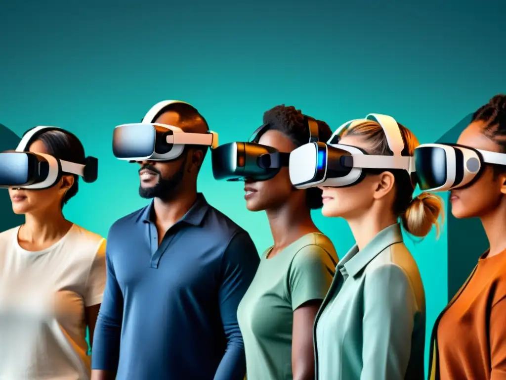 Personas diversas disfrutan de experiencias inclusivas en Realidad Virtual, mostrando la accesibilidad y la diversidad en la tecnología VR