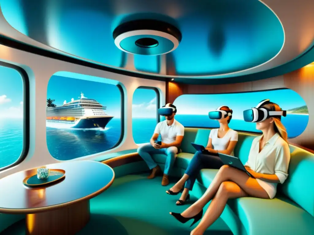 Personas disfrutan experiencia de realidad virtual en cruceros con vistas al mar y detalles realistas del barco