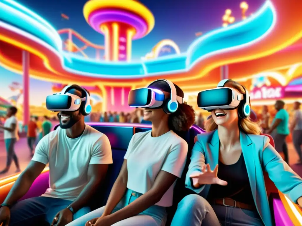 Emocionante paseo en parque de realidad virtual Personas disfrutan de un paseo en parque temático de realidad virtual con expresiones de asombro, en un ambiente futurista y vibrante