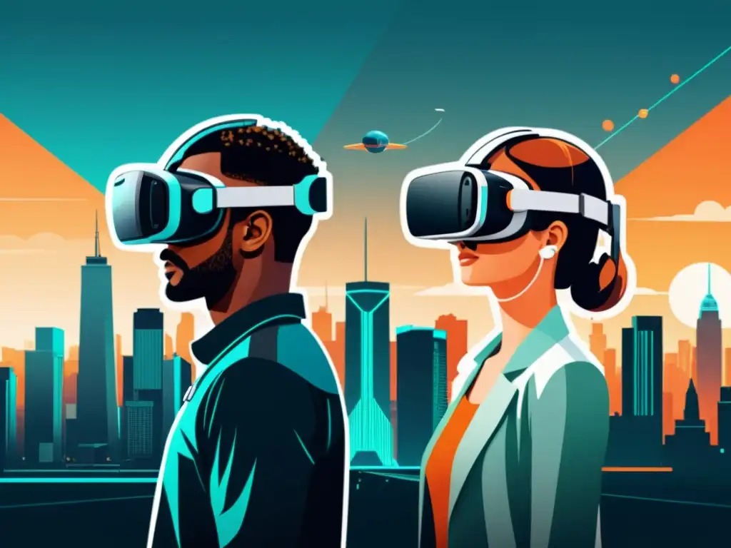 Dos personas experimentan la realidad virtual y aumentada en una ciudad futurista, destacando las diferencias entre ambas tecnologías