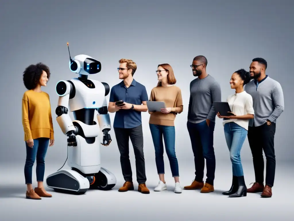 Diversas personas interactúan con robots en un ambiente inclusivo y ético de diseño robótico