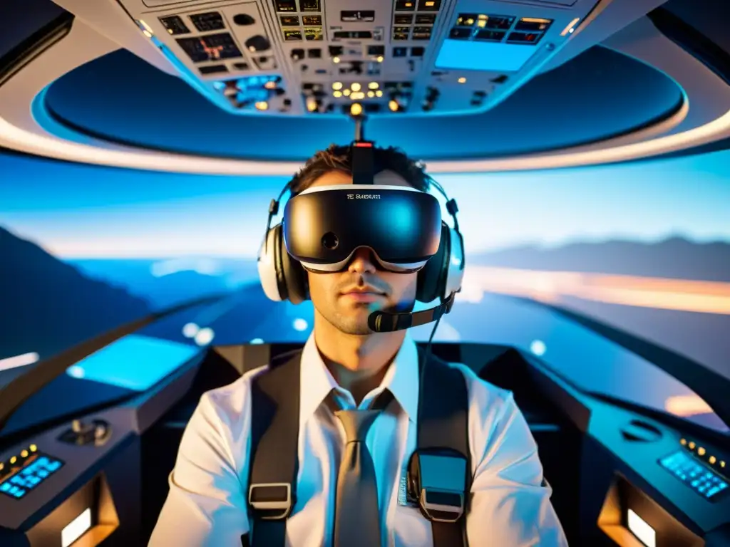 Piloto inmerso en simulador de vuelo VR Un piloto inmerso en un simulador de vuelo avanzado con auriculares de realidad virtual, destacando la tecnología de entrenamiento
