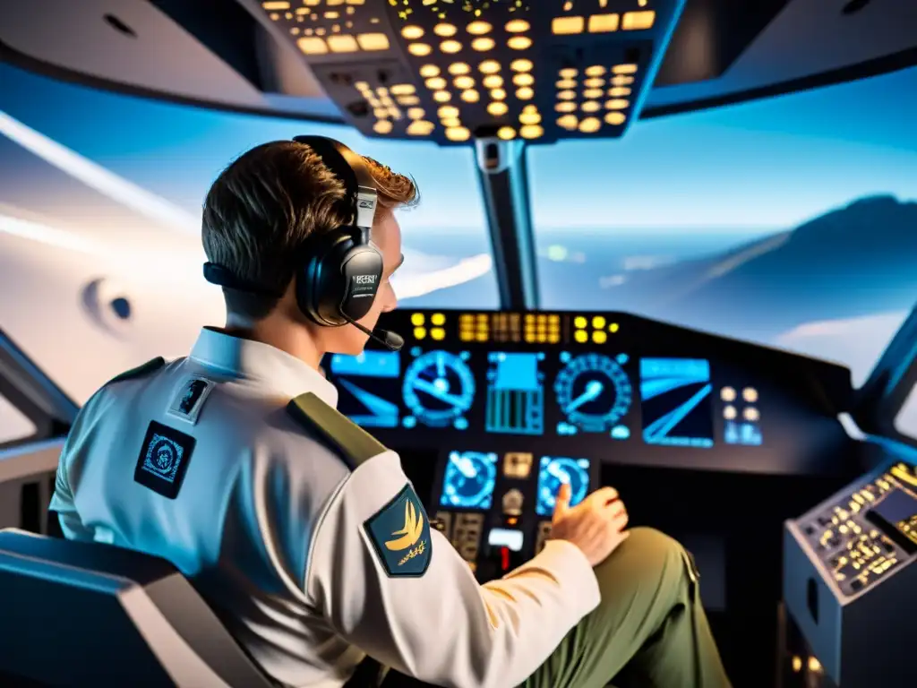 Formación de pilotos con prácticas virtuales: Piloto inmerso en simulador de vuelo con cockpit detallado en ambiente futurista y calmado